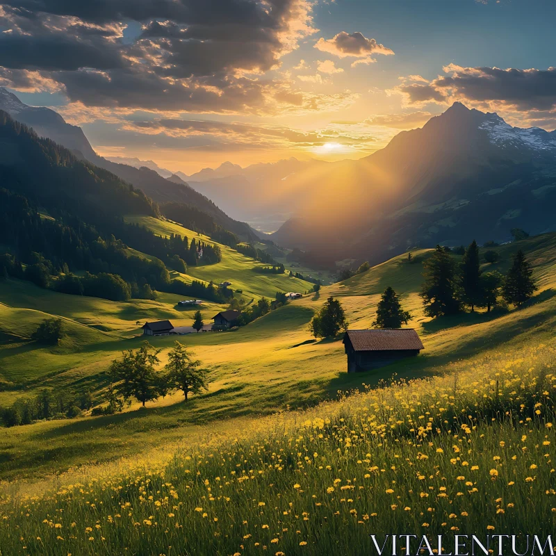 AI ART Golden Hour in the Alpine Valley