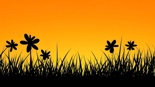 Black Flowers and Grass on Orange Background