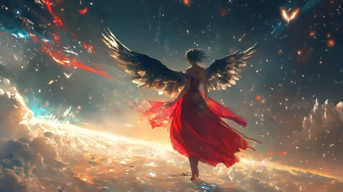 Winged Figure in Red Dress Artwork