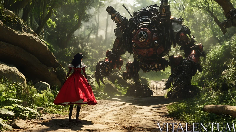 AI ART Red Dress and Robot in Forest Glade