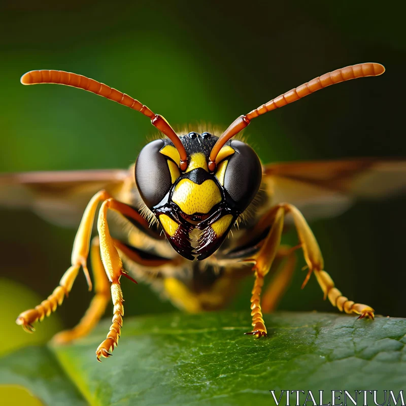 AI ART Detailed Close-Up of a Wasp on Green Leaf