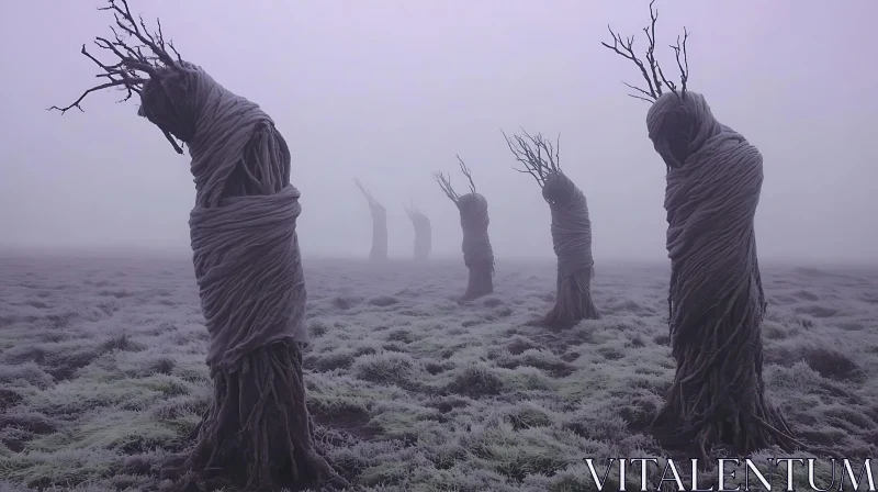 Mysterious Figures in Foggy Field AI Image