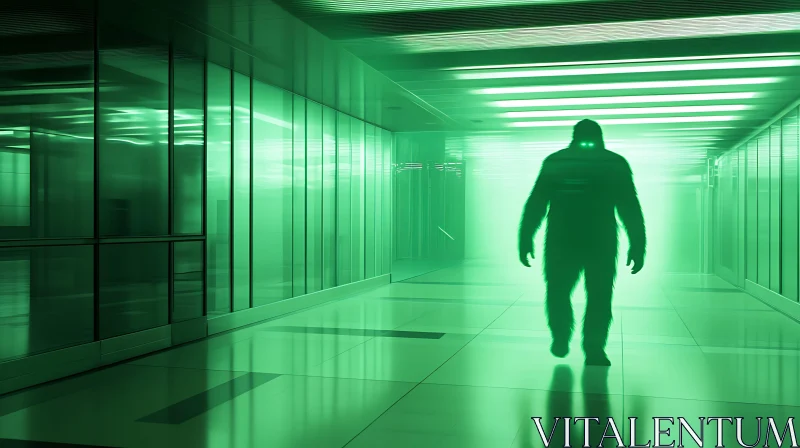 AI ART Green Lit Corridor with Mysterious Figure