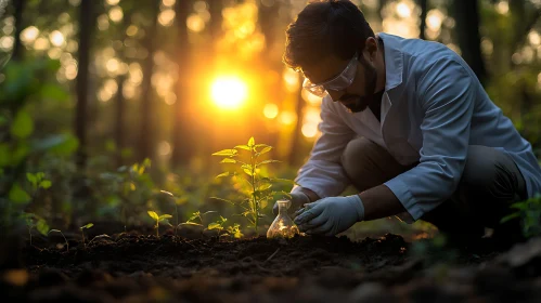 Scientist and Seedling in Sunlight