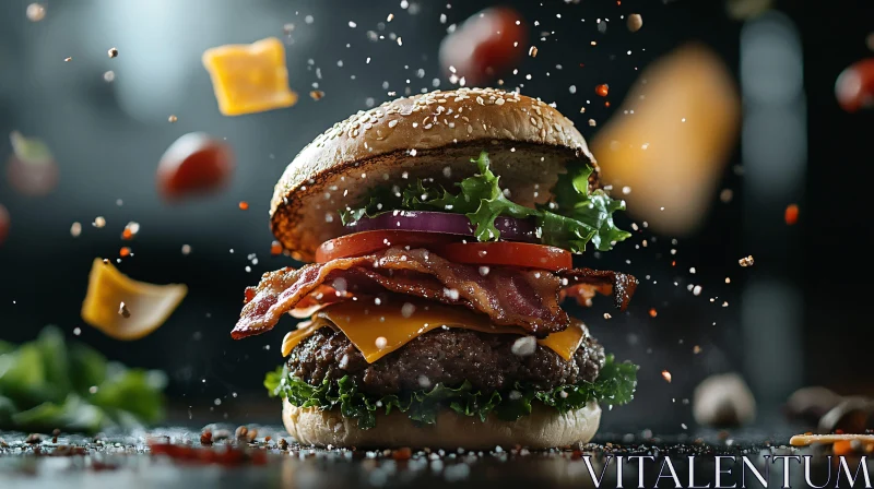 Gourmet Bacon and Cheese Burger in Motion AI Image