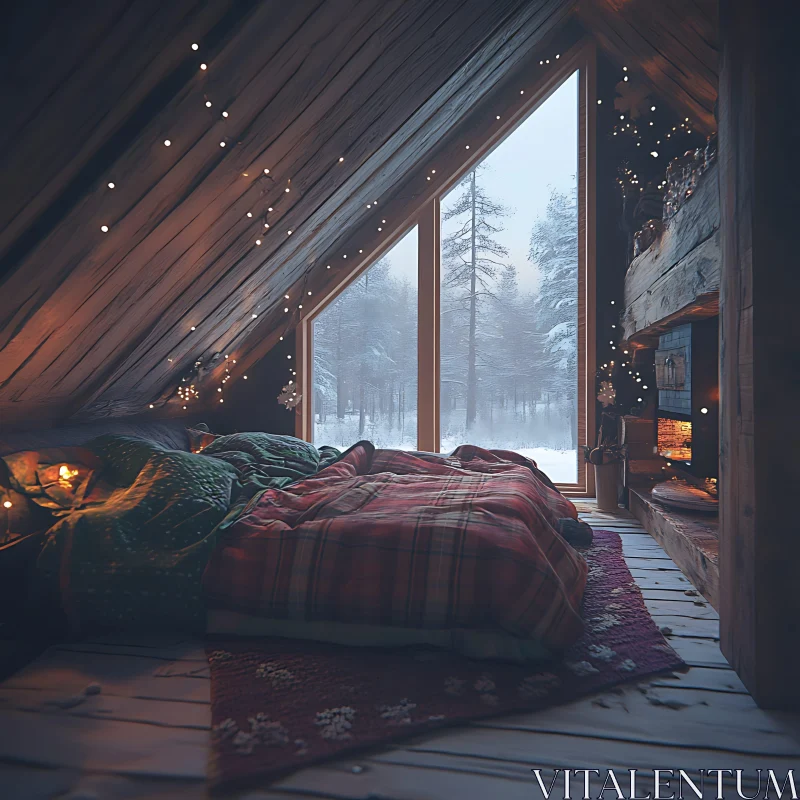 AI ART Snug Attic Bedroom with Snowy Forest View