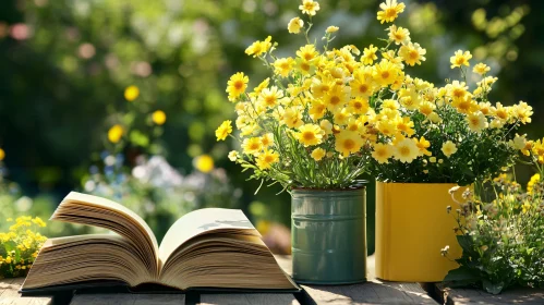 Open Book and Yellow Flowers Still Life