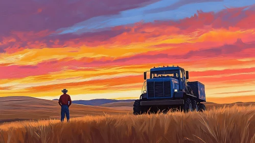 Rural Sunset with Tractor and Man