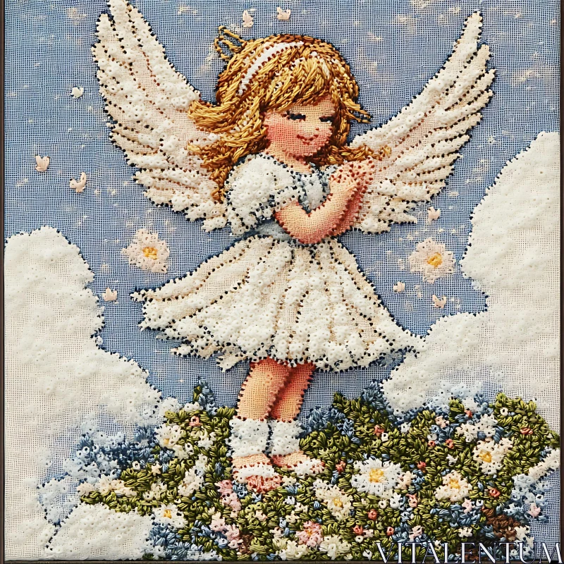 Handmade Angel with Flowers Embroidery AI Image