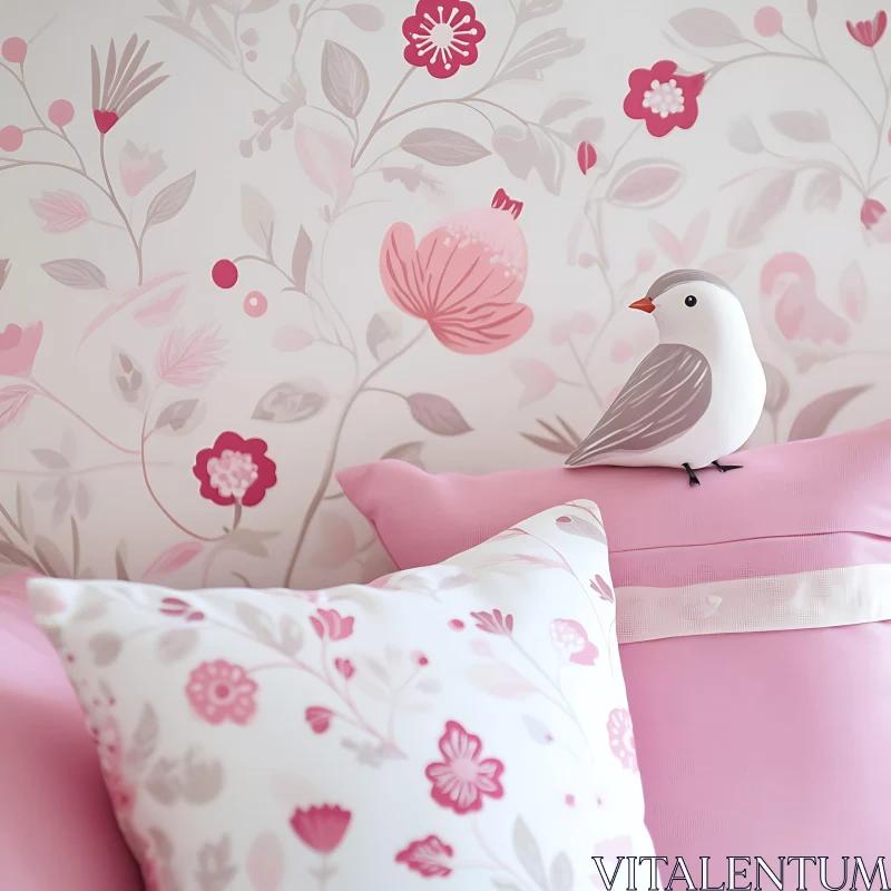 AI ART Decorative Bird on Pillow with Floral Wallpaper