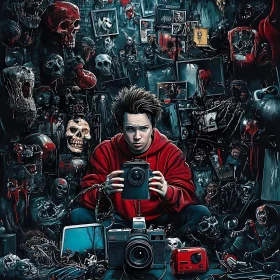 Man with Camera Surrounded by Macabre Imagery