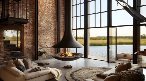 Stylish Interior with Suspended Fireplace and Lake