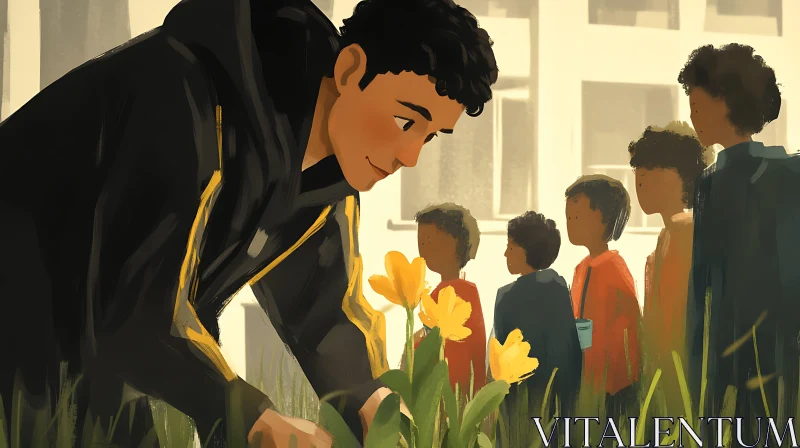 Illustration of Young Man Gardening AI Image