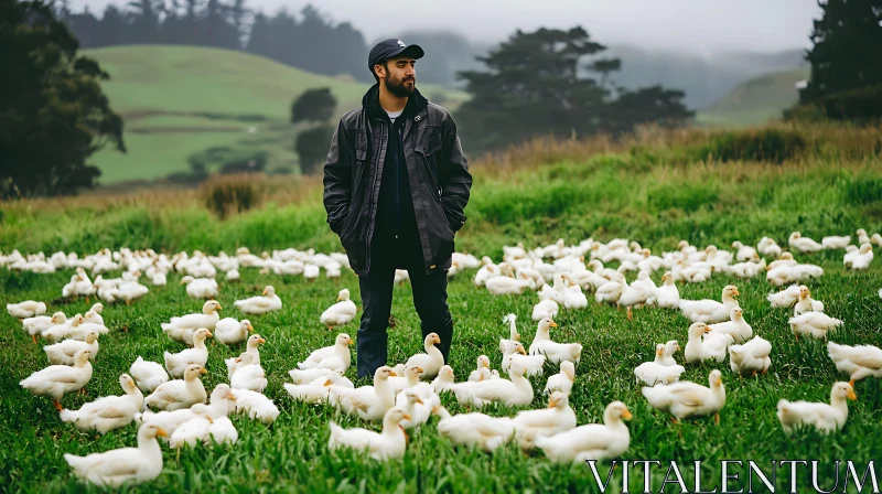 Man and Ducklings on Green Meadow AI Image