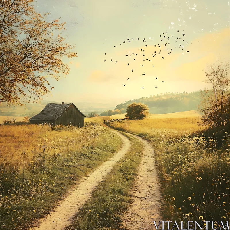 AI ART Rustic Barn in Golden Field with Bird Flight