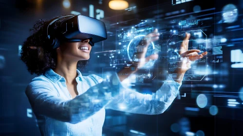 Woman in VR Headset Interacting with Metaverse