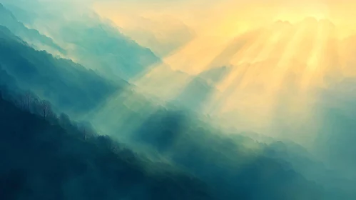 Misty Mountains with Sunlight and Rays