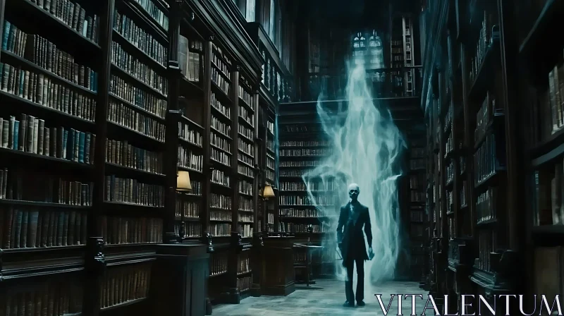 Ghostly Figure in Ancient Library AI Image