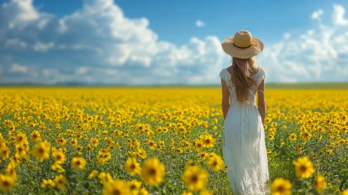 Girl in White Dress Among Sunflowers