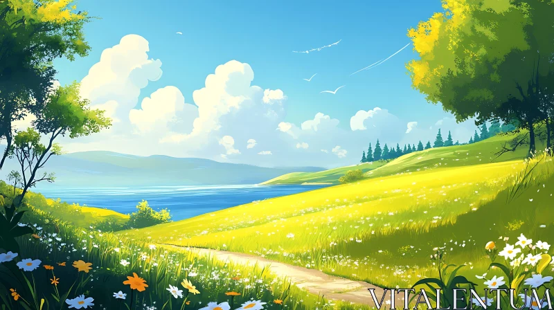 Serene Lakeside Meadow Scene AI Image