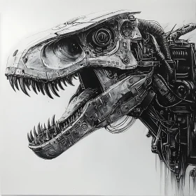 Robotic Dinosaur Head: Technical Grayscale Rendering