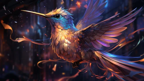 Colorful Hummingbird in Dark Field: An Animated Pixel-Art Wallpaper
