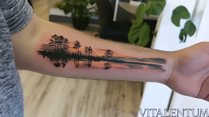 Sunset and Tree Reflection Tattoo on Arm AI Image