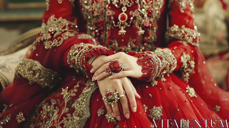 Elegant Woman in Red Dress with Golden Embroidery | Captivating Fashion Photo AI Image