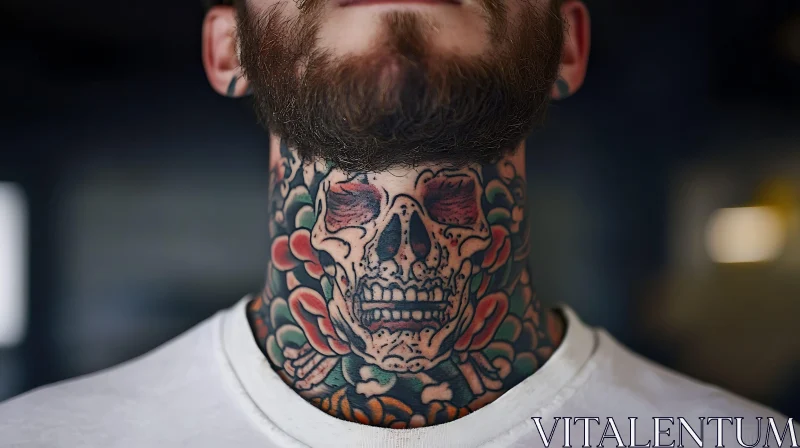 Skull and Floral Tattoo on Neck AI Image