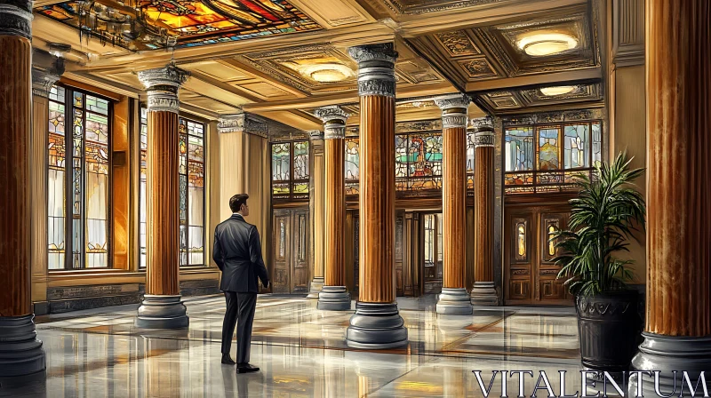 Elegant Hall Interior with Standing Figure AI Image