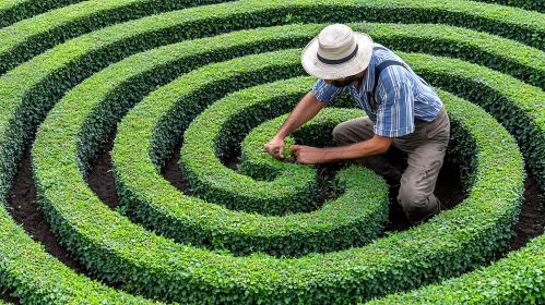 Gardener Shaping Spiral Bush Maze