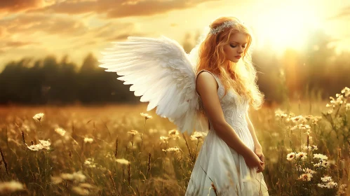 Angel in a Field at Sunset