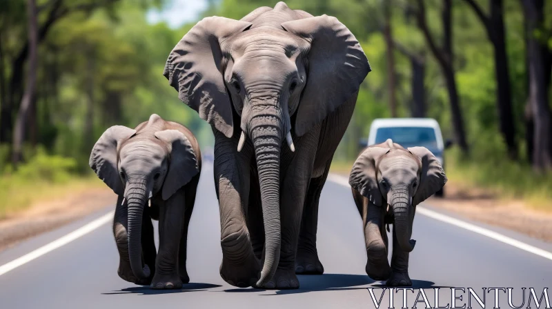 Graceful Elephants Crossing Road: Majestic and Emotive AI Image