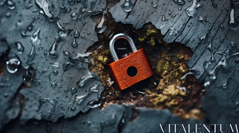 AI ART Metal Padlock on Textured Wooden Surface with Water Droplets