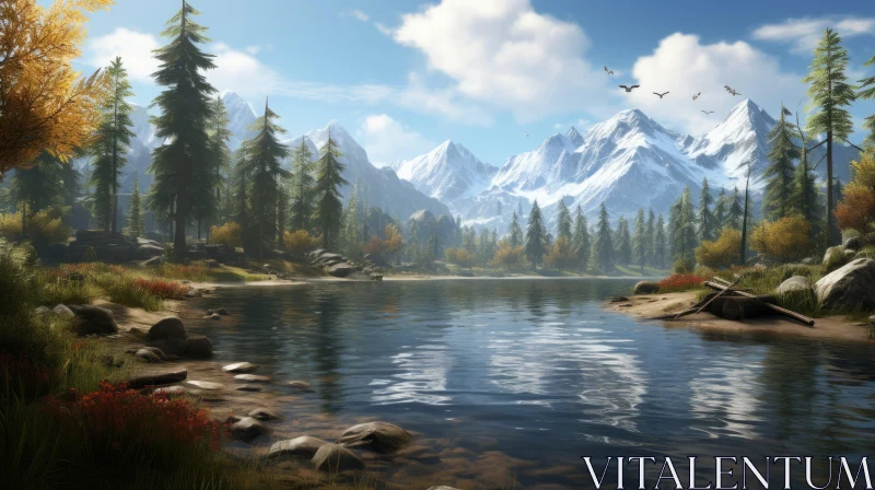 River and Mountain Landscape Artwork - Serene Nature Painting AI Image