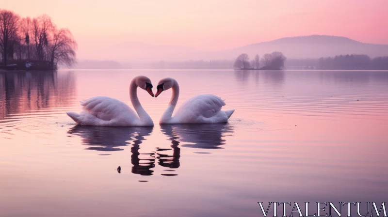 Romantic Swan Couple at Sunrise on Lake AI Image