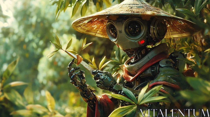 Greenery-Surrounded Robot in Traditional Attire AI Image