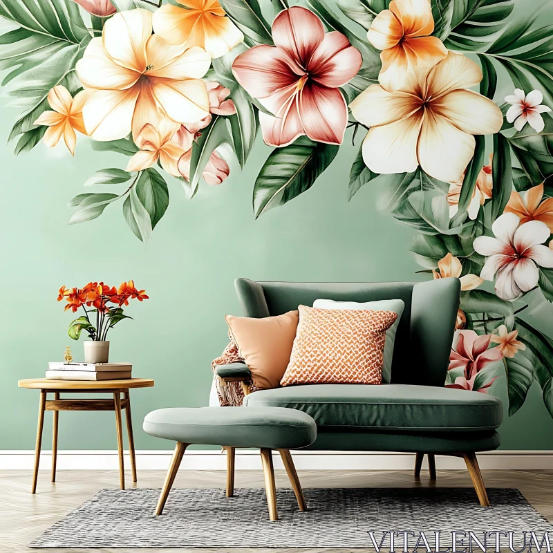 AI ART Floral Interior Design with Green Armchair