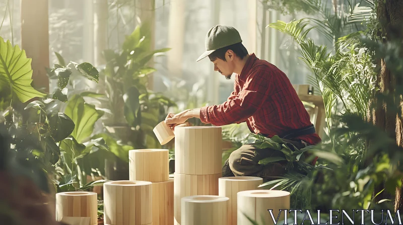 Gardener Arranging Wooden Pots AI Image