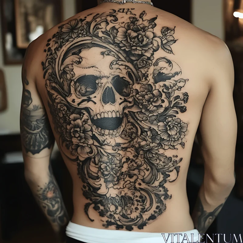 Detailed Black Ink Skull and Floral Tattoo AI Image