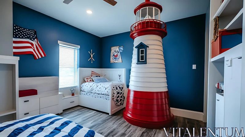 AI ART Coastal Bedroom with Lighthouse Theme