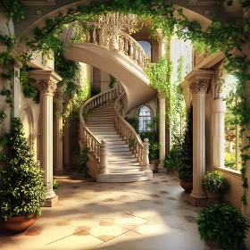 Grand Interior with Winding Stairs and Ivy