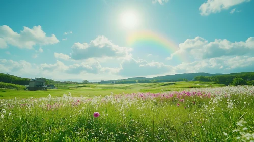 Floral Meadow Under Rainbow Sky