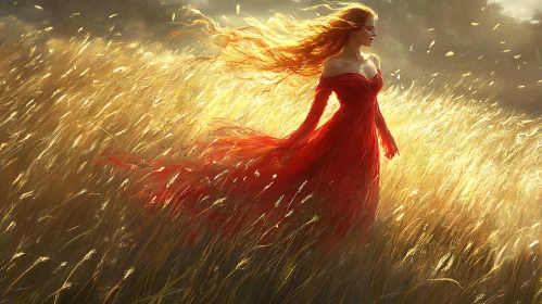 Lady in Red Gown Amidst Golden Wheat