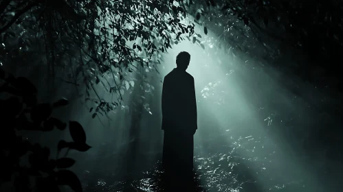 Mysterious Figure in Forest Light