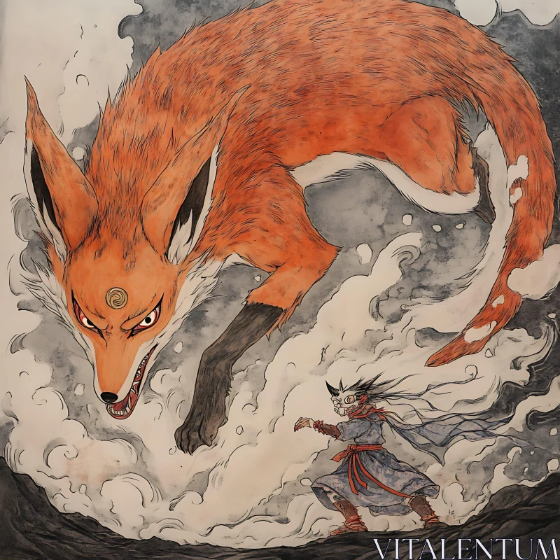 Mystical Fox and Masked Figure Artwork AI Image