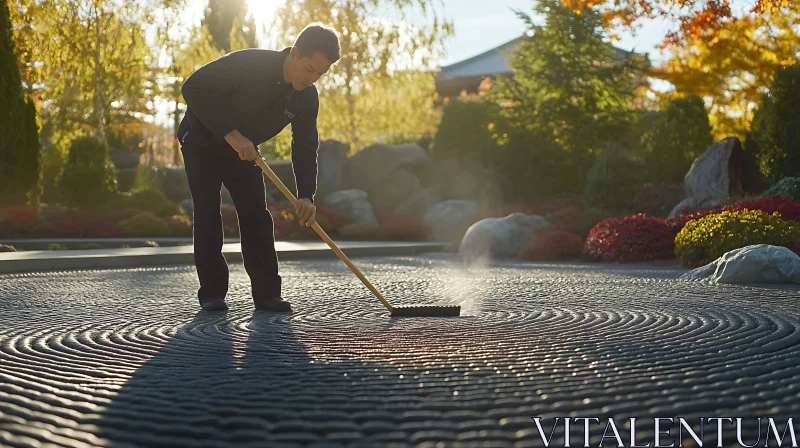 Man Raking Concentric Circles in Zen Garden AI Image