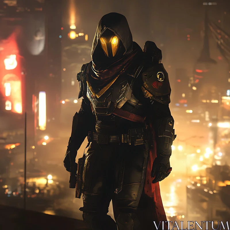 Futuristic Warrior Overlooking Neon Metropolis AI Image