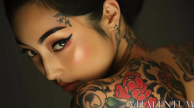 Close-up Tattooed Portrait with Facial and Shoulder Ink Art AI Image