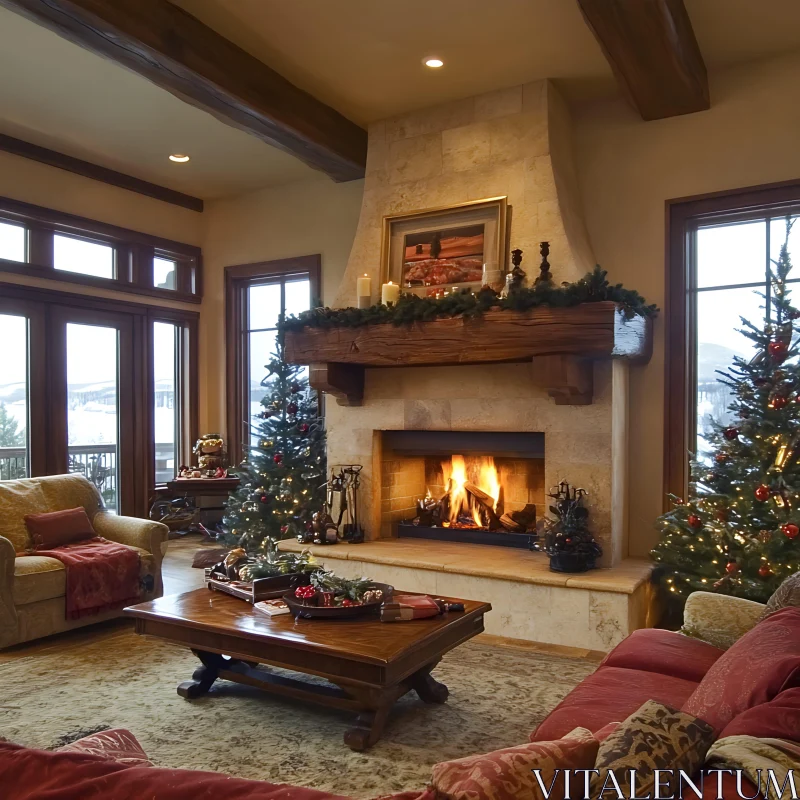 Cozy Christmas Living Room with Fireplace AI Image